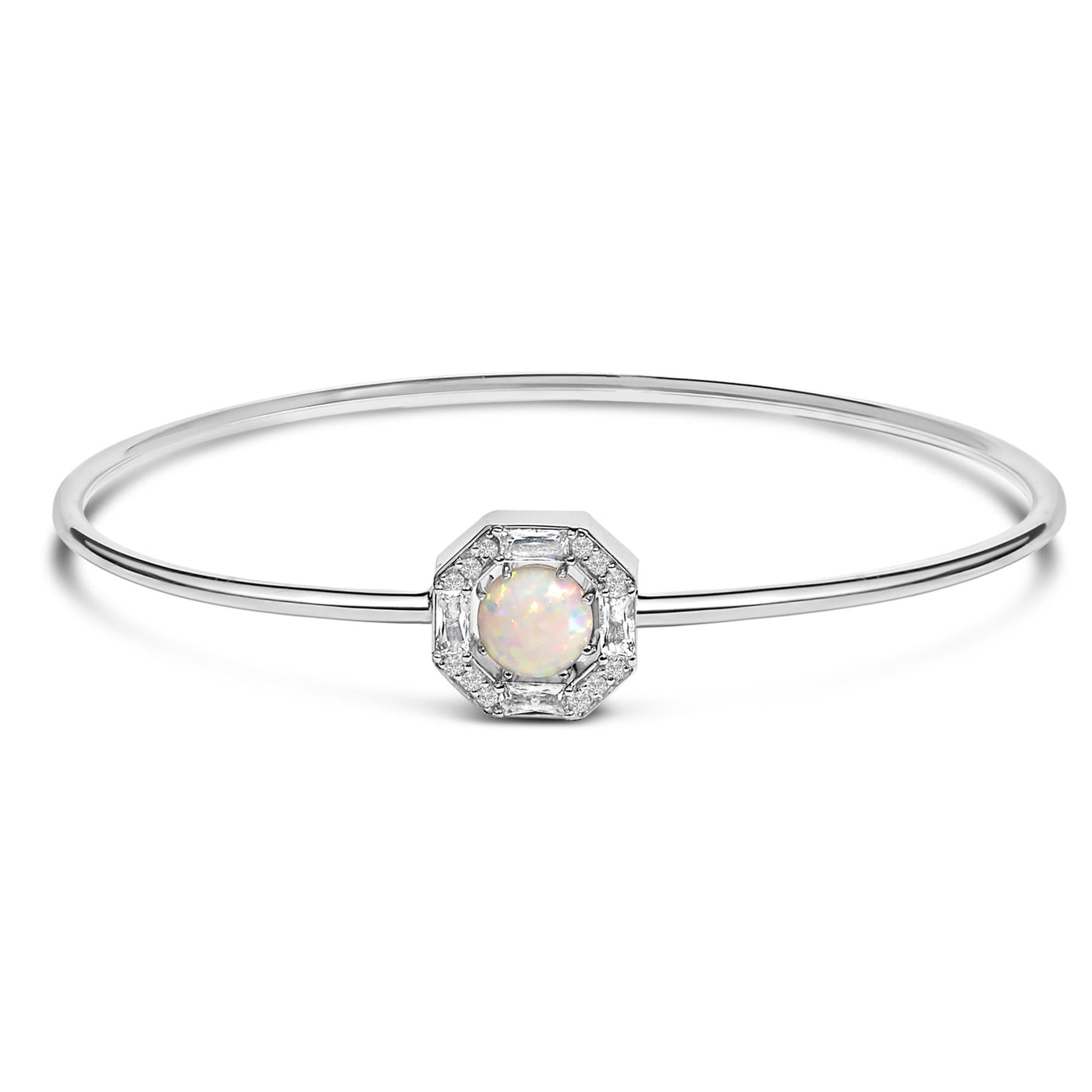 .925 Sterling Silver 7X7MM Created Opal and White Sapphire Halo Bangle Bracelet - 7 Inches