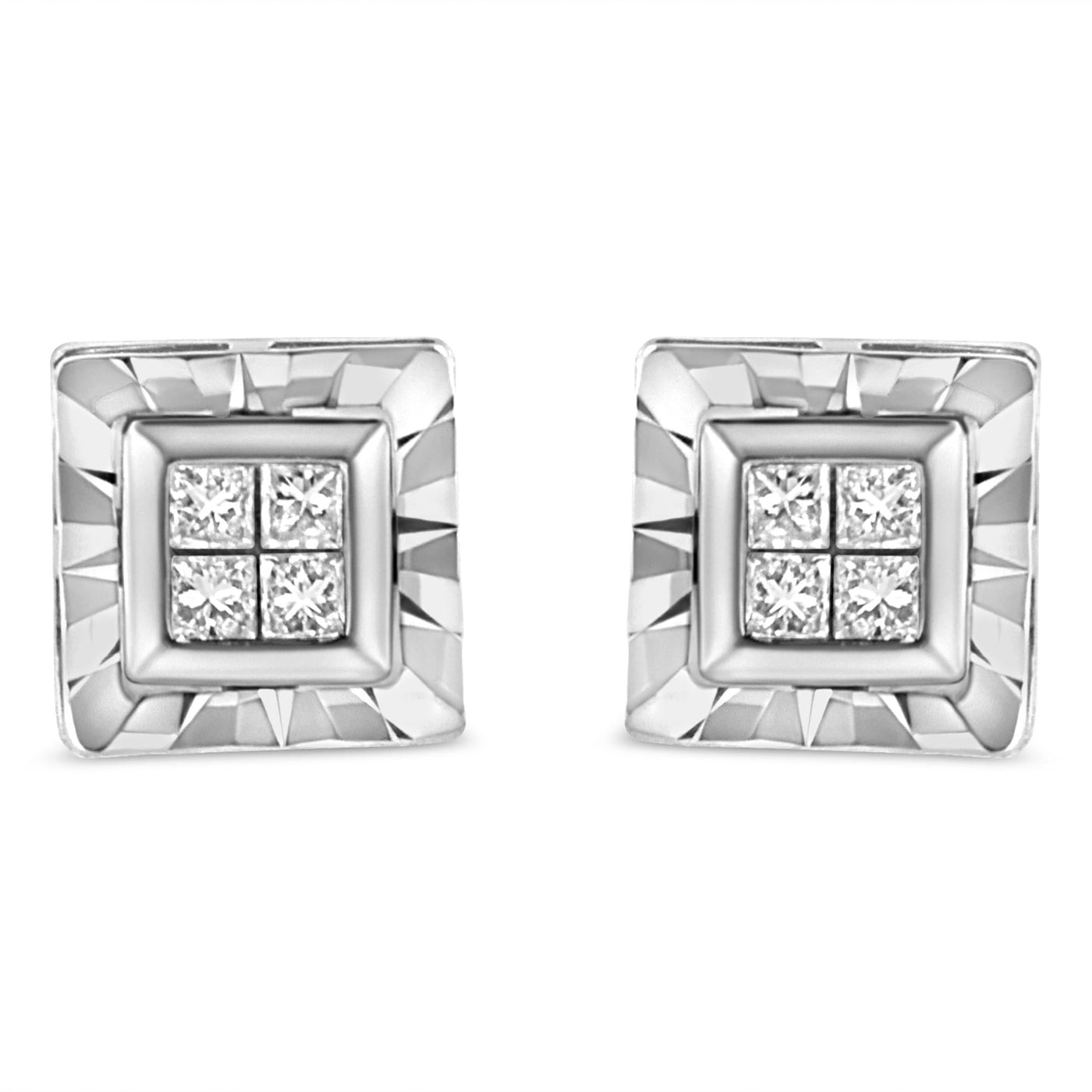 .925 Sterling Silver 1/6 Cttw Invisible Set Princess-Cut Diamond Quad Composite Stud Earrings (H-I Color, I1-I2 Clarity)
