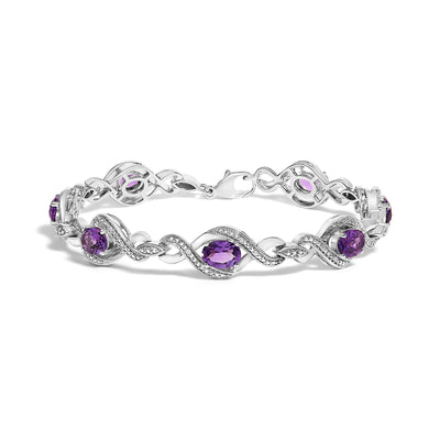 .925 Sterling Silver 1/10 Cttw Natural Round Diamond and 7X5MM Oval Amethyst Cross Tennis Bracelet (I-J Color, I1-I2 Clarity) - 7"