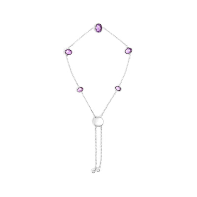.925 Sterling Silver Bezel Set Purple Amethyst 5 Station Adjustable Bolo Bracelet
