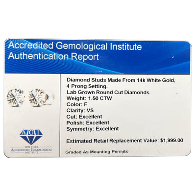 1.50 CTW Lab-Grown Diamond Stud Earrings in 14K White or Yellow Gold – F Color, VS Clarity | AGI Certified