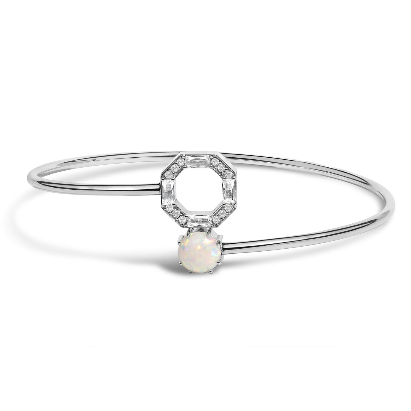 .925 Sterling Silver 7X7MM Created Opal and White Sapphire Halo Bangle Bracelet - 7 Inches