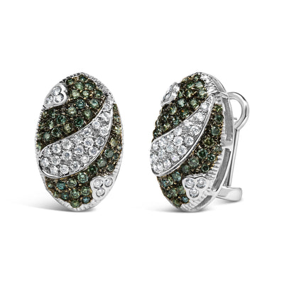 14K White Gold 2.00 Cttw White and Treated Blue Diamond Oval Shield Omega Back Earrings (H-I Color, SI1-SI2 Clarity)