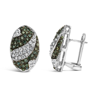 14K White Gold 2.00 Cttw White and Treated Blue Diamond Oval Shield Omega Back Earrings (H-I Color, SI1-SI2 Clarity)