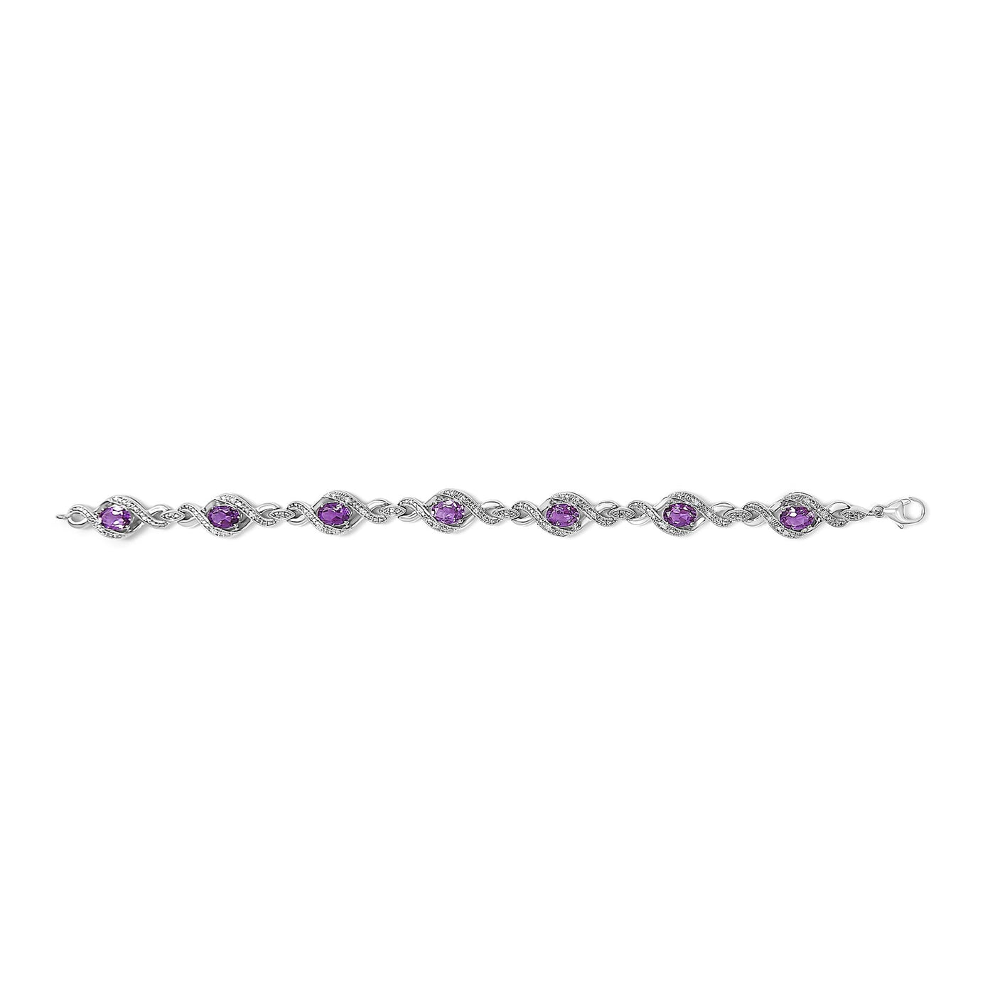 .925 Sterling Silver 1/10 Cttw Natural Round Diamond and 7X5MM Oval Amethyst Cross Tennis Bracelet (I-J Color, I1-I2 Clarity) - 7"