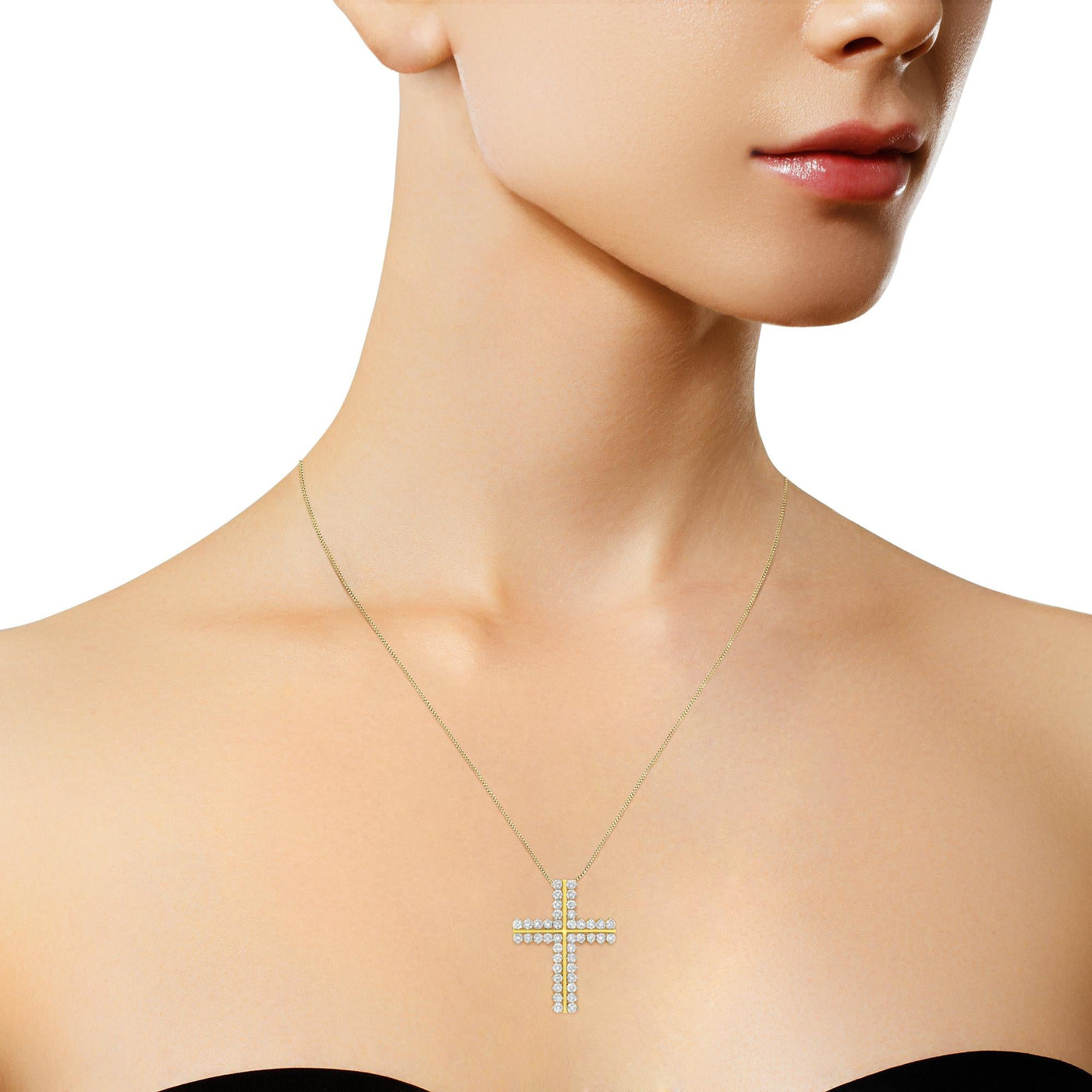 10K Yellow Gold 4.0 Cttw Diamond Two Row Cross 18" Pendant Necklace (J-K Clarity, I1-I2 Color)-4