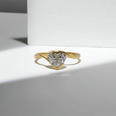 Heart Shape Solitaire Diamond Bypass Setting 14K Solid Gold Ring