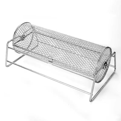 12-Inch Stainless Steel Rolling BBQ Grill Mesh Rotisserie Roaster Cage Silver-0
