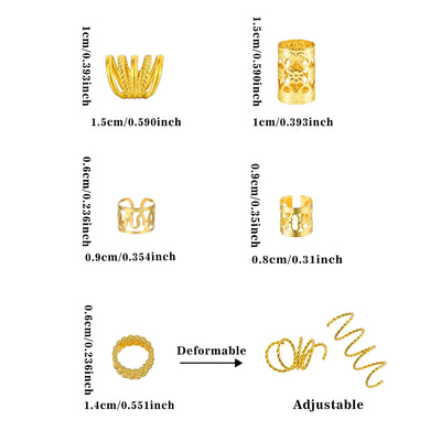 110 Pcs Gold Hair Jewelry for Braids and Dreadlocks - Metal Rings, Cuffs, Clips Accessory Decorations - Golden Yellow