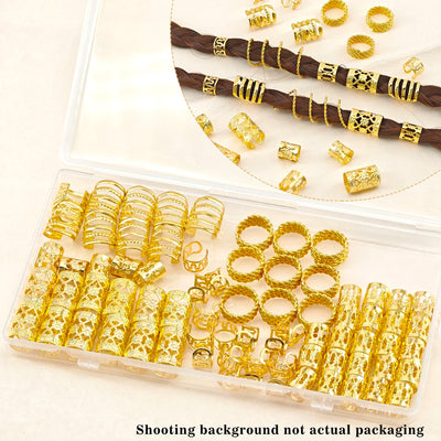 110 Pcs Gold Hair Jewelry for Braids and Dreadlocks - Metal Rings, Cuffs, Clips Accessory Decorations - Golden Yellow