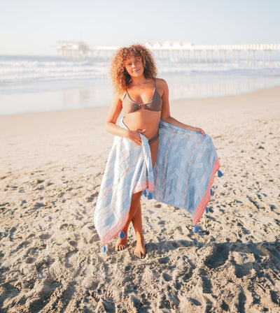 DAMASK BLUE POMPOM TURKISH TOWEL