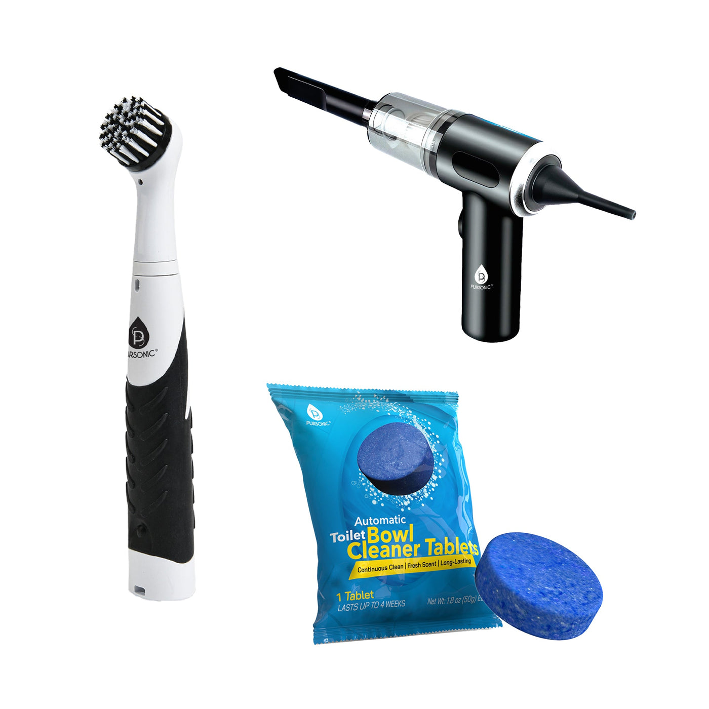 Pursonic Complete Cleaning Bundle – 2-in-1 Mini Wireless Vacuum & Air Duster + Cordless Power Scrubber Brush + Automatic Toilet Bowl Cleaner Tablets