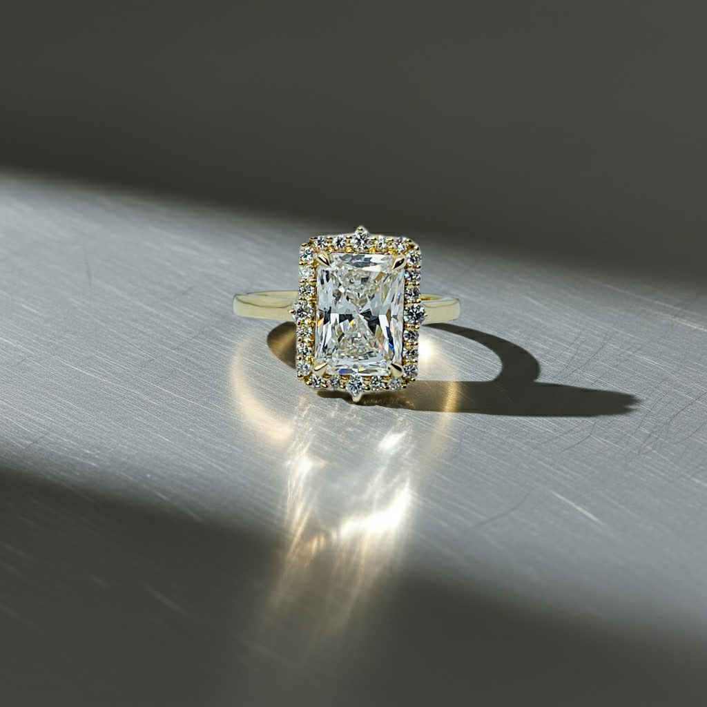 3 Carat Radiant Cut Halo 14K Solid Gold Solitaire Diamond Engagement Ring