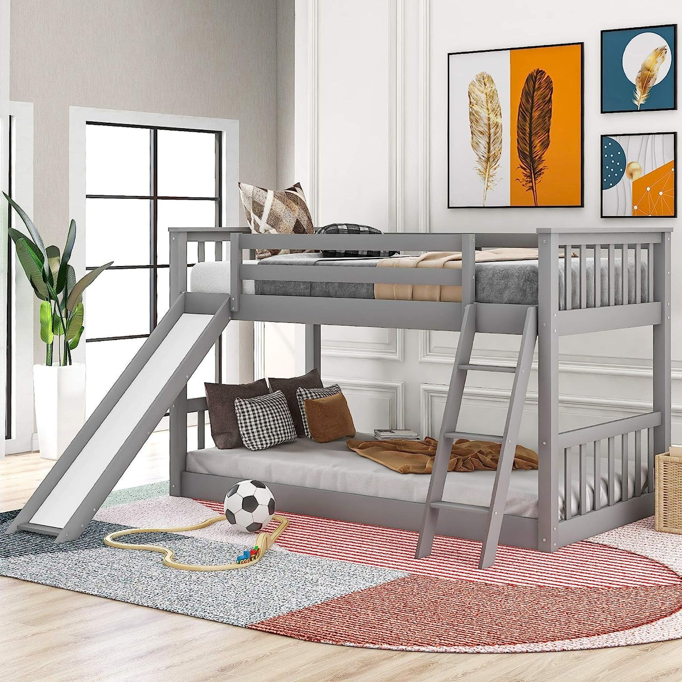 Grey Twin Bunk Bed With Slide Solid Pine Construction