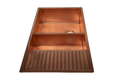 42" Drop-in Double Well 60/40 Hammered Copper Kitchen Sink with Wringer on Right Side