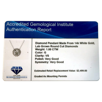 AGI Certified Lab-Grown Diamond Halo Pendant Necklace in 14kt White Gold – 1 CTW or 2 CTW