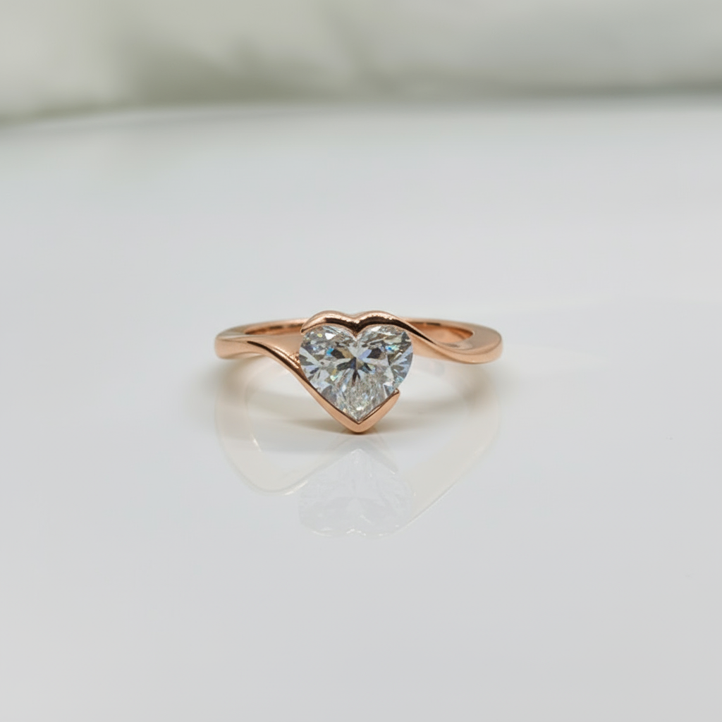 Heart Shape Solitaire Diamond Bypass Setting 14K Solid Gold Ring