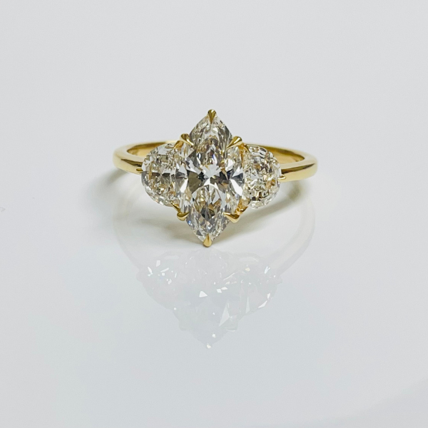 Marquies Cut Diamond 3 Stone Side Moon 14K Solid Gold Engagement Ring