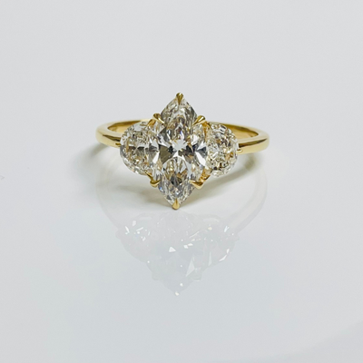 Marquies Cut Diamond 3 Stone Side Moon 14K Solid Gold Engagement Ring
