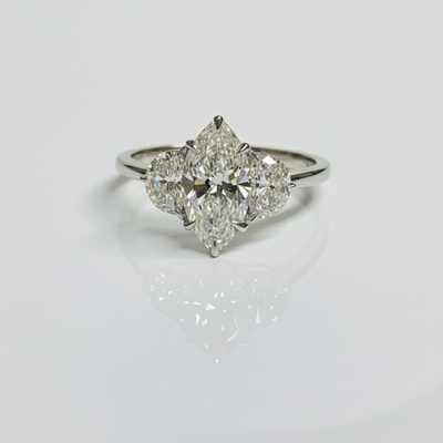 Marquies Cut Diamond 3 Stone Side Moon 14K Solid Gold Engagement Ring
