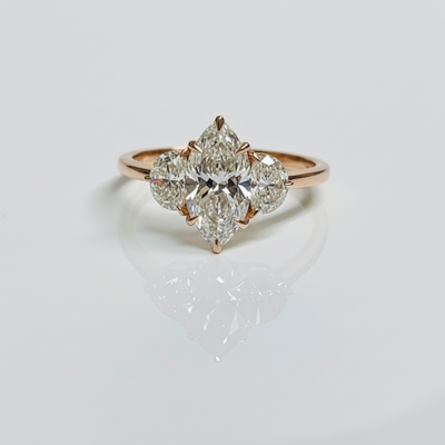 Marquies Cut Diamond 3 Stone Side Moon 14K Solid Gold Engagement Ring