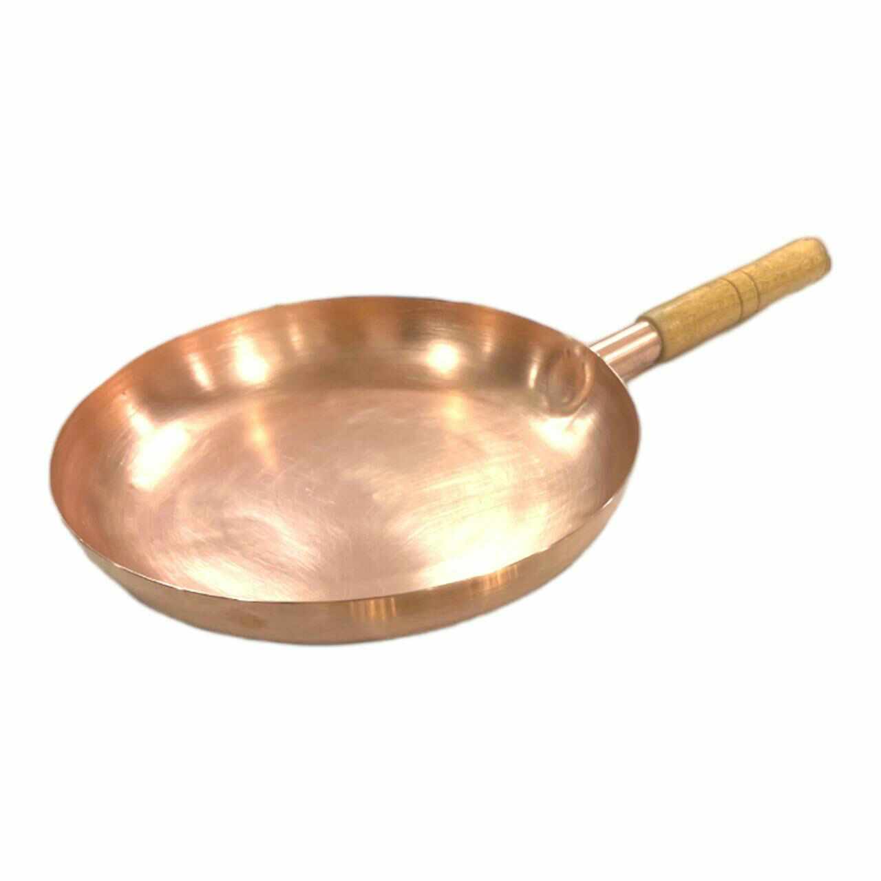 10" Round Plain Copper Pan with Matte Finish, Wood Handle and Spatula