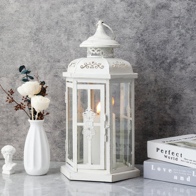 12" H Medium Candle Lantern(White with Gold Brush)