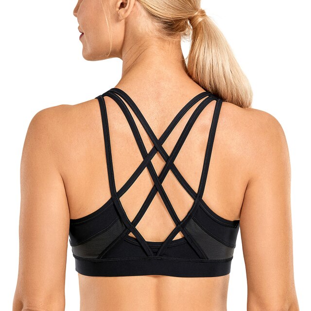 Women's Strappy Sports Bras V Neck Medium Impact Wirefree Padded Yoga Bras with Built in Bra