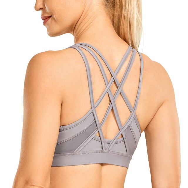 Women's Strappy Sports Bras V Neck Medium Impact Wirefree Padded Yoga Bras with Built in Bra