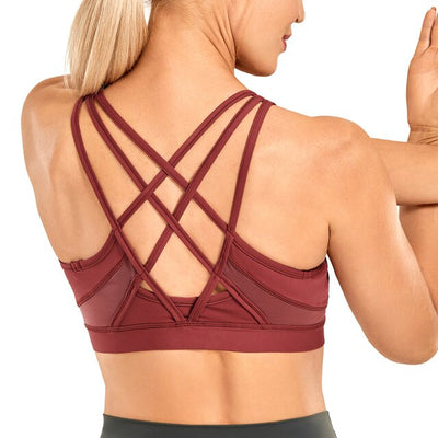 Women's Strappy Sports Bras V Neck Medium Impact Wirefree Padded Yoga Bras with Built in Bra