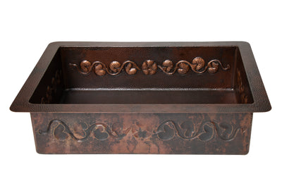 33" Drop-in Single Well Floral Design Hammered Copper Kitchen Sink