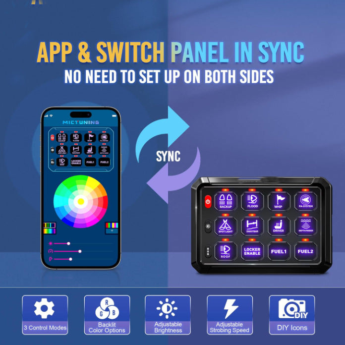 12-Gang Switch Panel Switches with Bluetooth APP Control – RGB Touch Control for RV, Yacht & Off-Road Vehicles